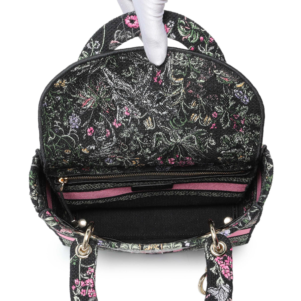Christian Dior Black Pink Embroidered Medium Lady D-Lite Handbags Christian Dior