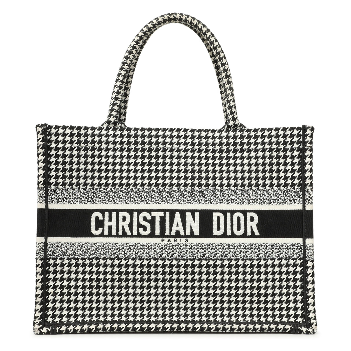 Christian Dior Black White Houndstooth Canvas Medium Book Tote Handbags Christian Dior