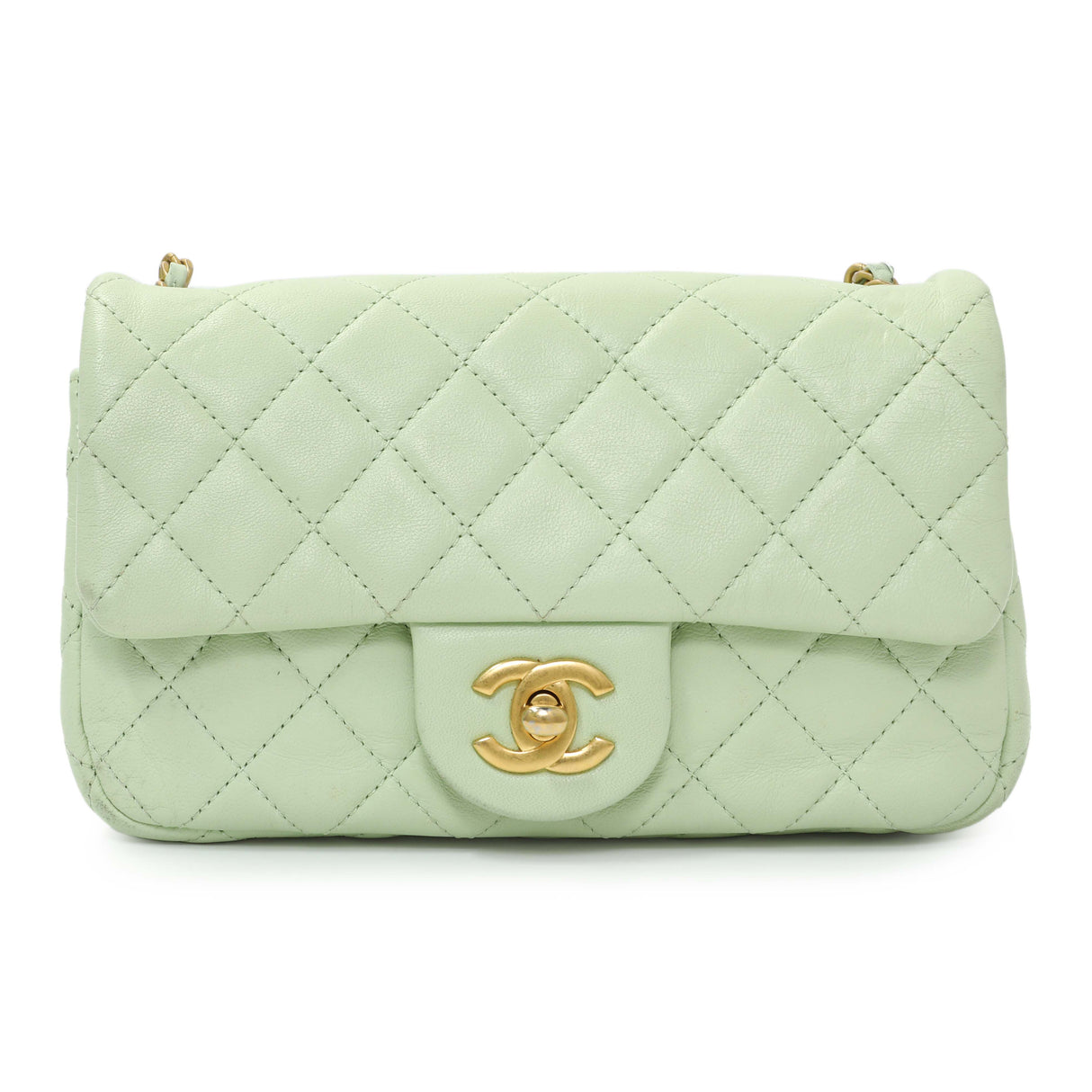 Chanel Green Quilted Lambskin Mini Pearl Crush Rectangular Flap Handbags Chanel