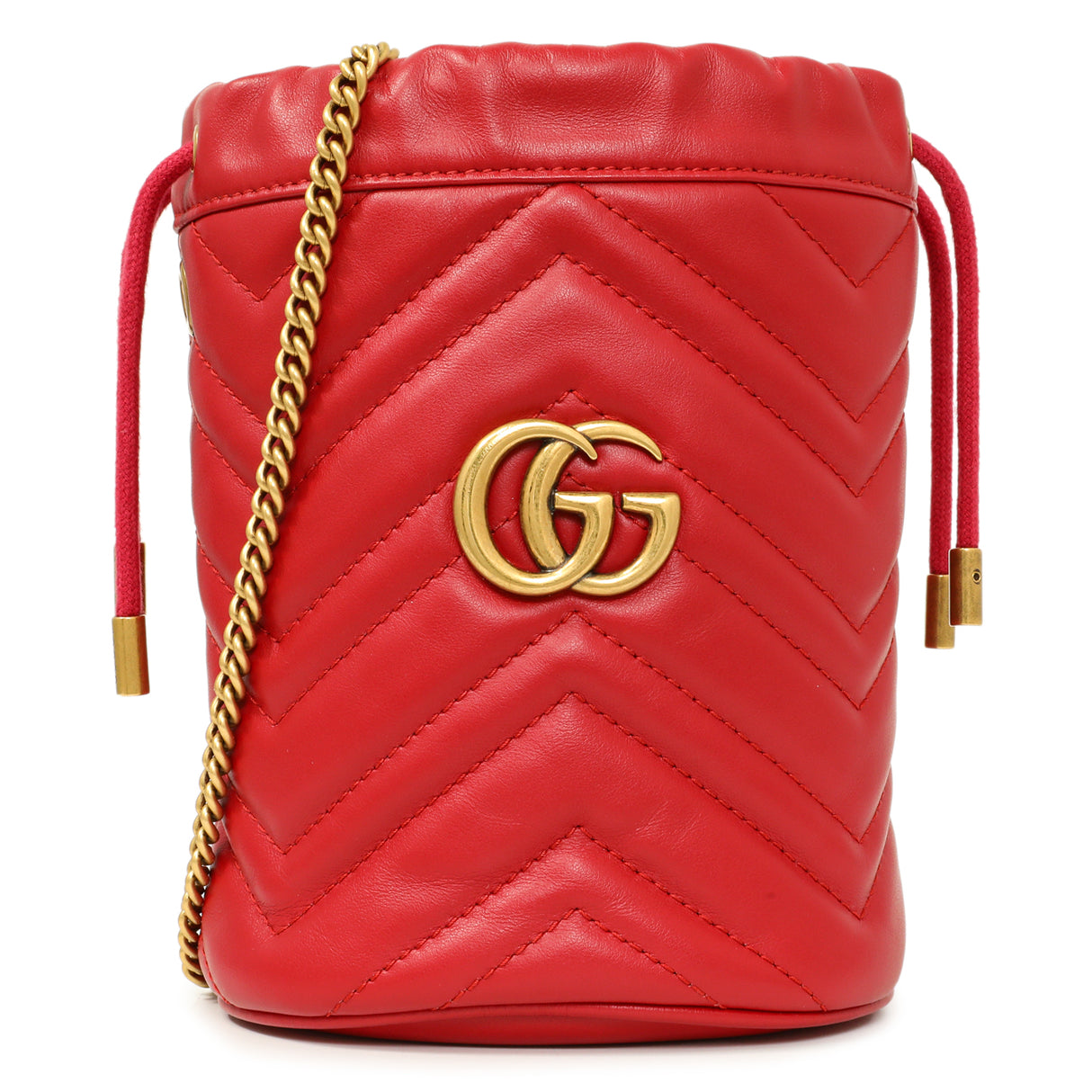 Gucci Red Calfskin Matelasse Mini GG Marmont Bucket Handbags Gucci