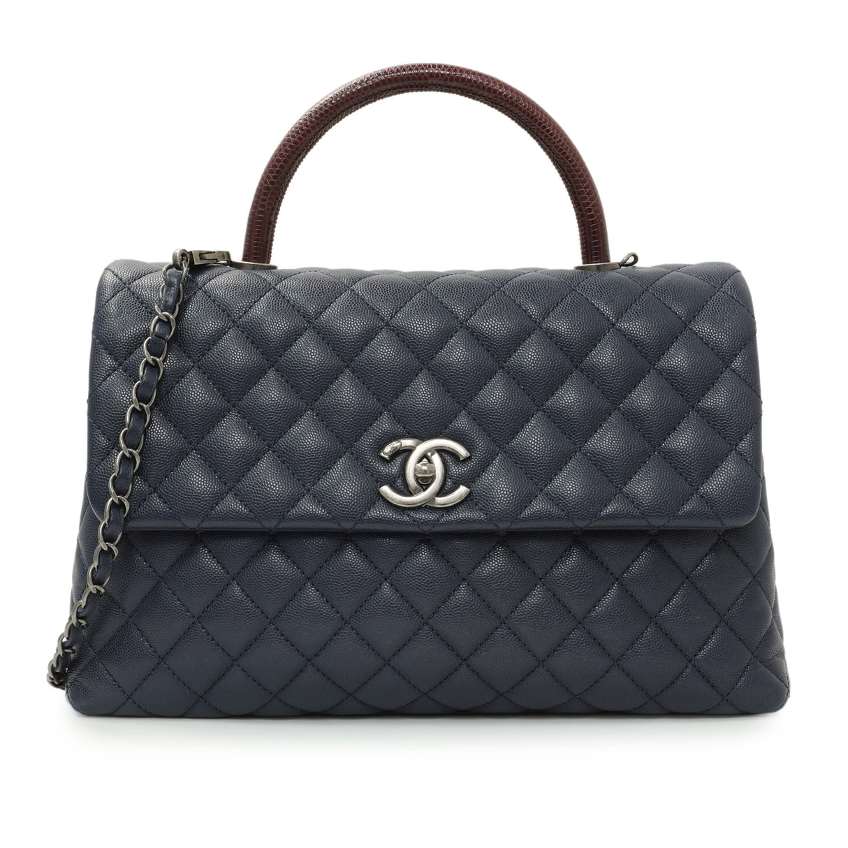 Chanel Navy Quilted Caviar Lizard Medium Coco Handle Handbags Chanel