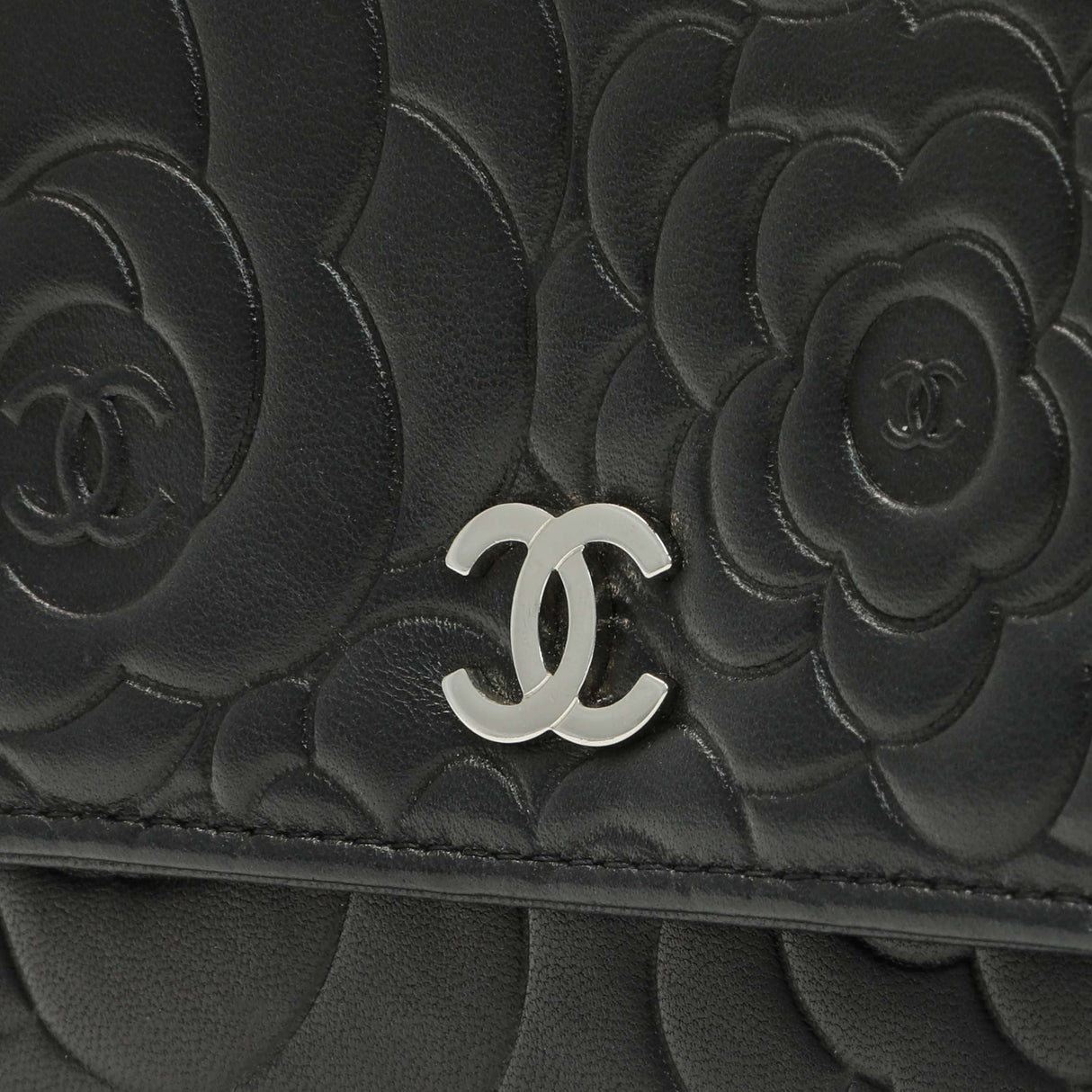Chanel Black Lambskin Camellia Embossed Wallet on Chain Handbags Chanel