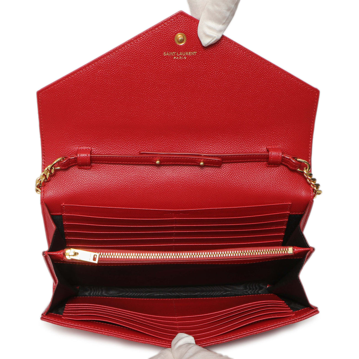 Saint Laurent Red Grain De Poudre Matelasse Chevron Monogram Chain Wallet Handbags Saint Laurent