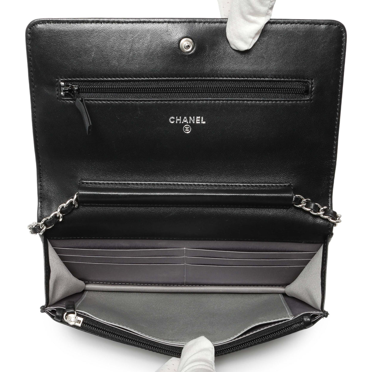 Chanel Black Lambskin Camellia Embossed Wallet on Chain Handbags Chanel