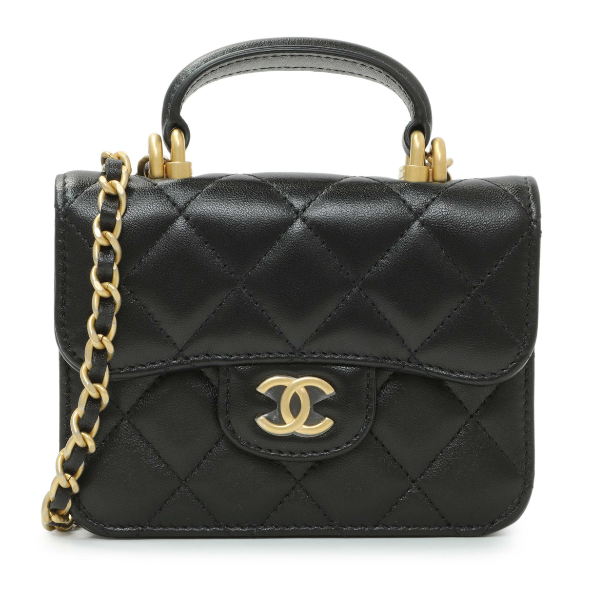 Chanel Black Lambskin Top Handle Flap Coin Purse With Chain