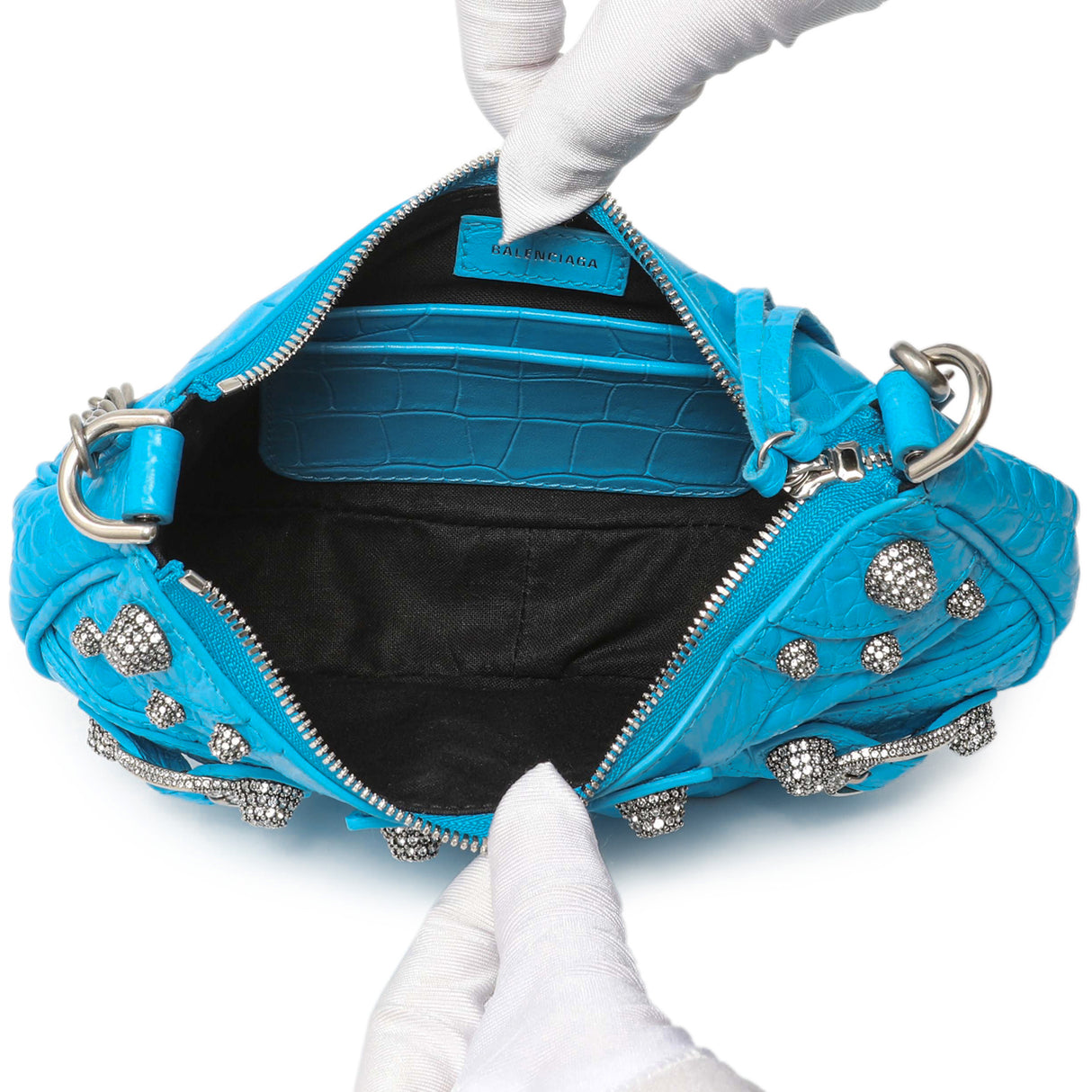 Balenciaga Blue Crocodile Embossed Calfskin Crystal Le Cagole Mini Purse With Chain Handbags Balenciaga