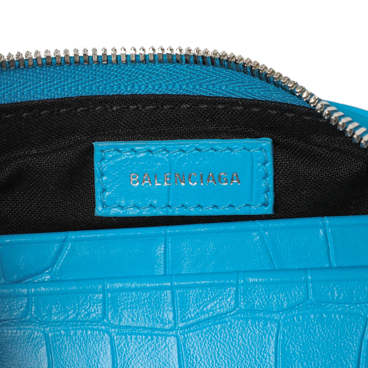 Balenciaga Blue Crocodile Embossed Calfskin Crystal Le Cagole Mini Purse With Chain Handbags Balenciaga