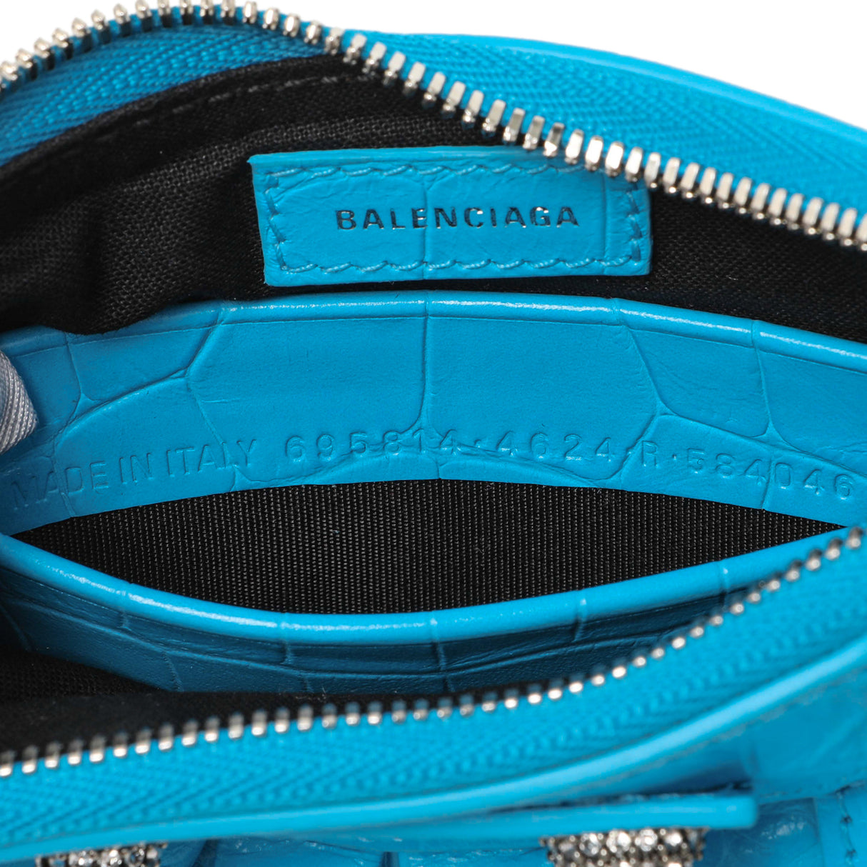 Balenciaga Blue Crocodile Embossed Calfskin Crystal Le Cagole Mini Purse With Chain Handbags Balenciaga