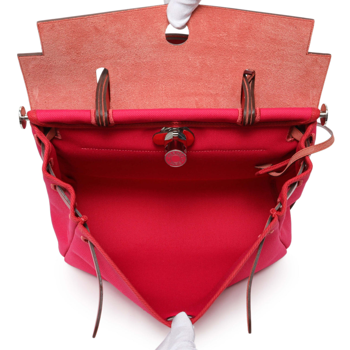 Hermes Rose Mexico Rouge Piment Toile Militaire Vache Hunter Laque Herbag Zip Retourne 31 PM Handbags Hermes