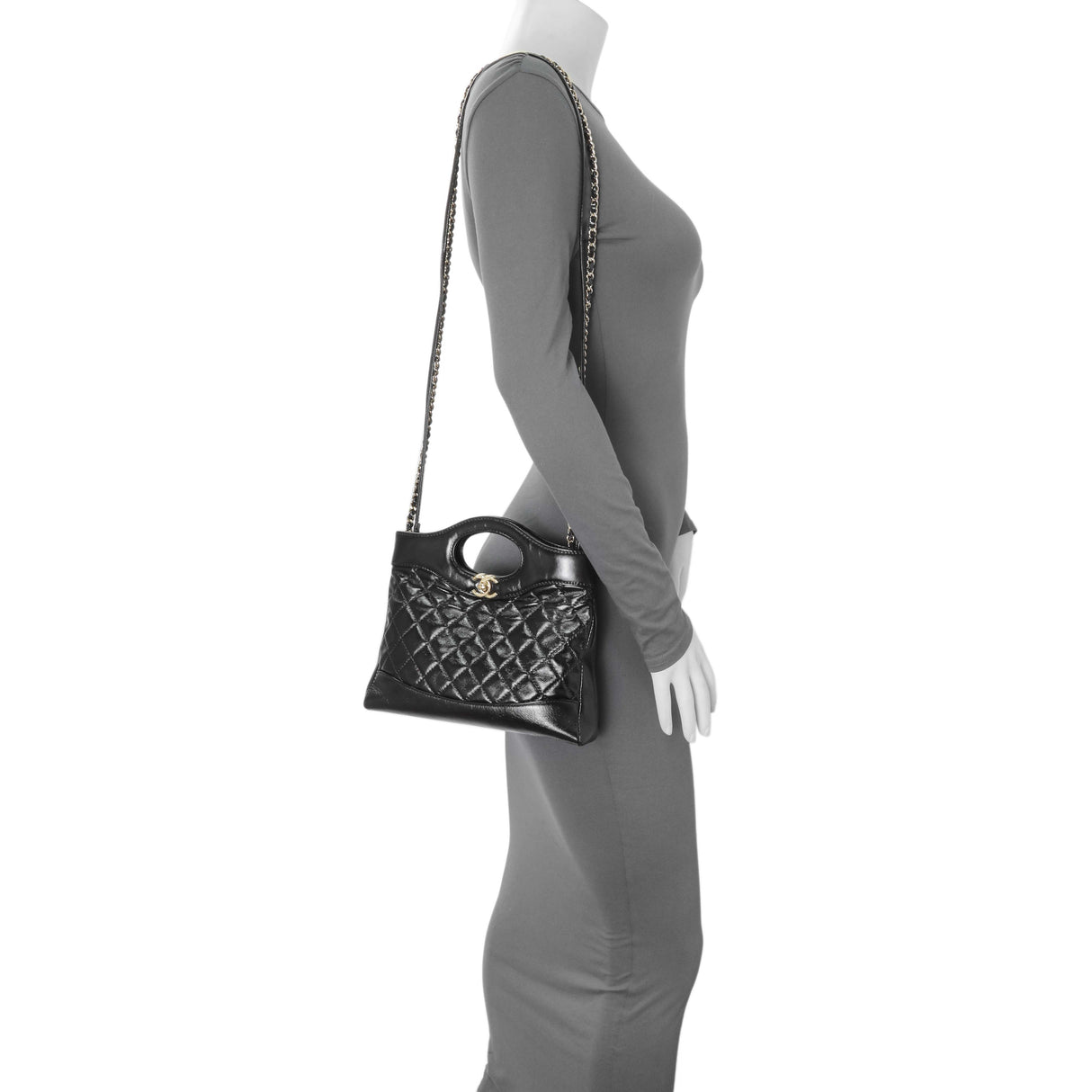 Chanel Black Shiny Crumpled Calfskin Quilted Mini 31 Shopping Bag Handbags Chanel
