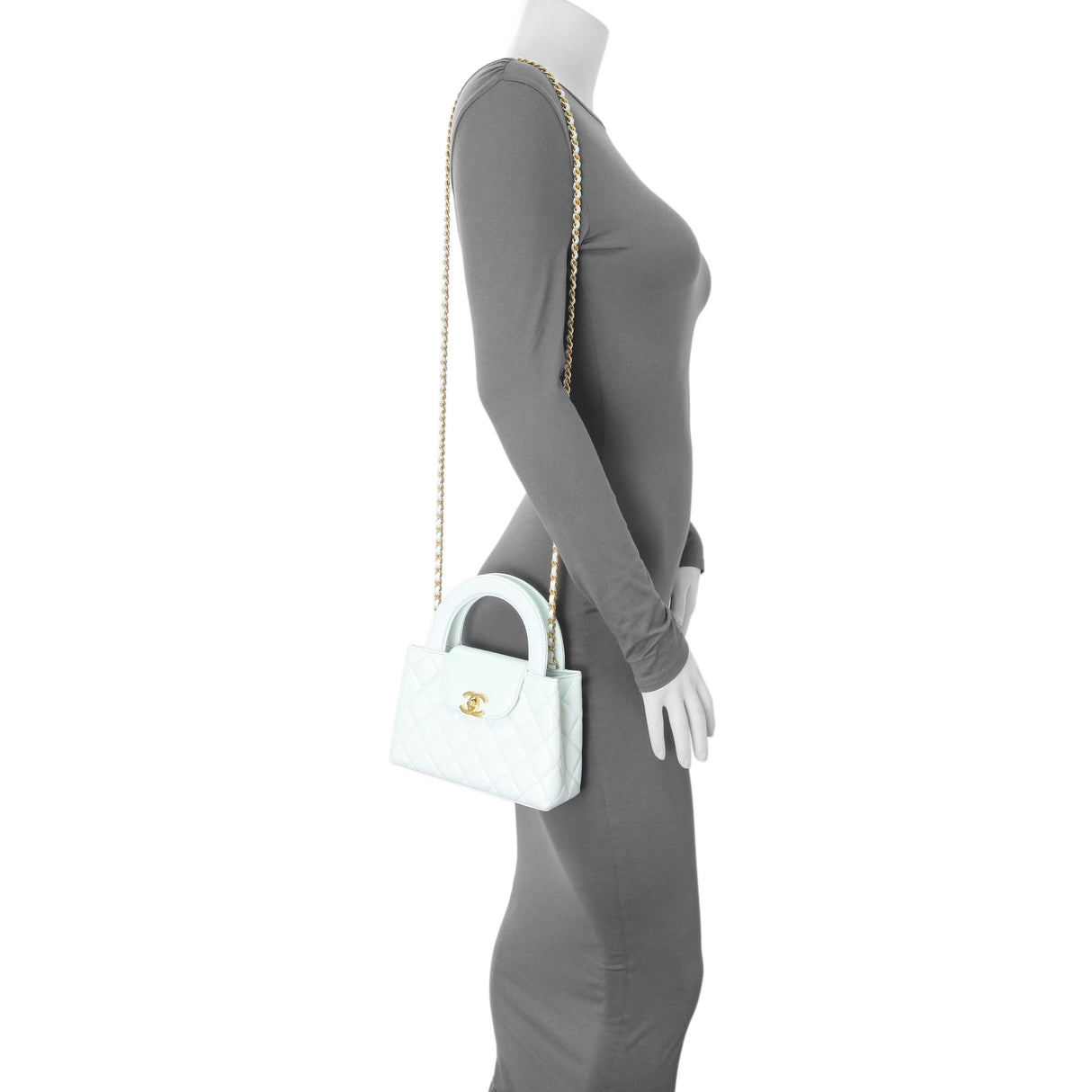 Chanel Light Blue Shiny Aged Calfskin Quilted Nano Kelly Shopper Handbags Chanel
