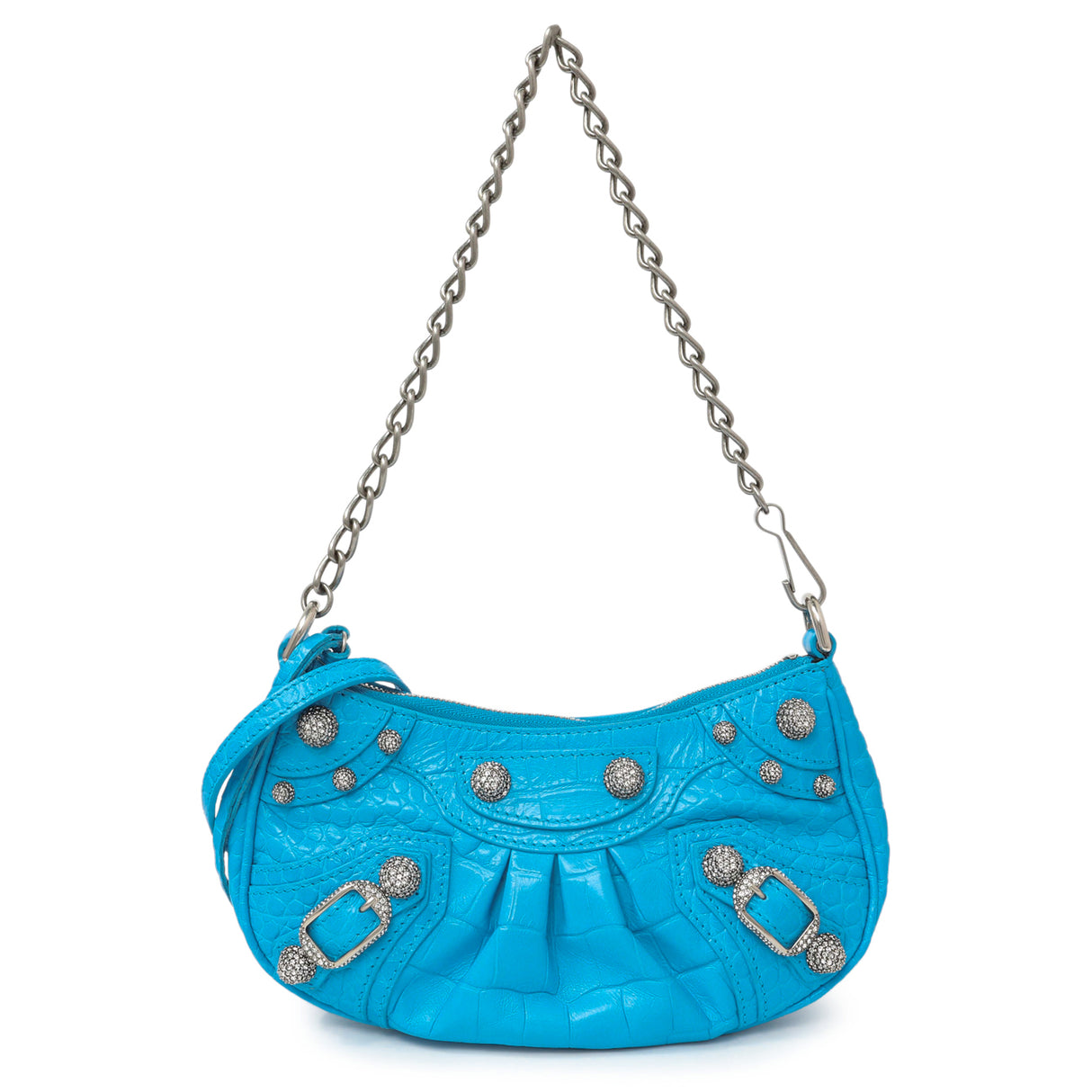 Balenciaga Blue Crocodile Embossed Calfskin Crystal Le Cagole Mini Purse With Chain Handbags Balenciaga