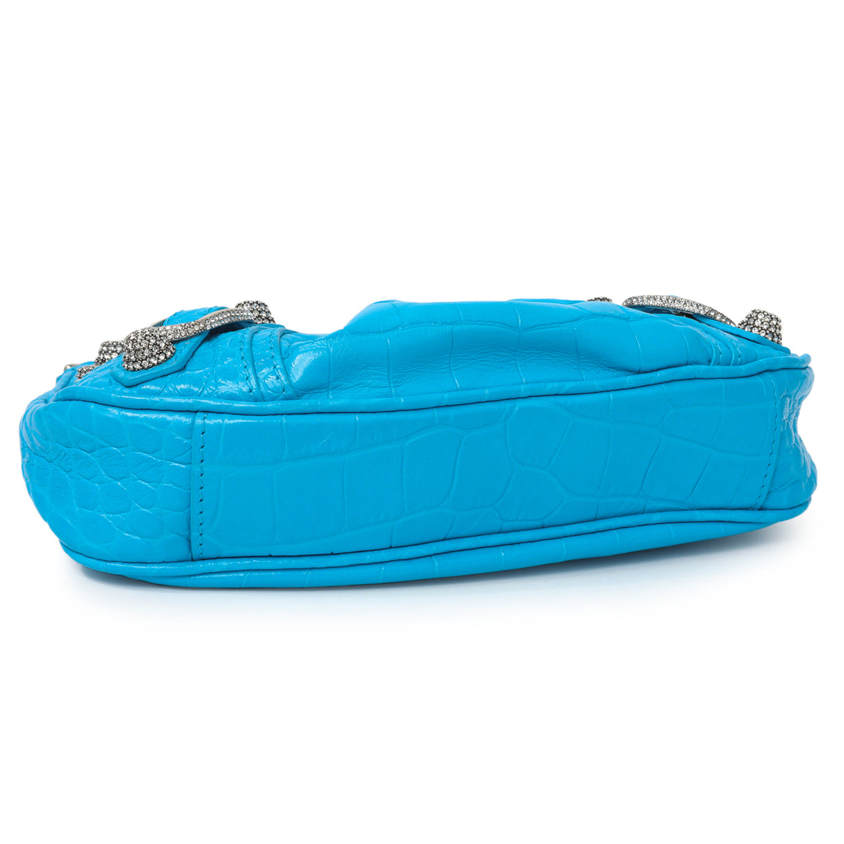 Balenciaga Blue Crocodile Embossed Calfskin Crystal Le Cagole Mini Purse With Chain Handbags Balenciaga