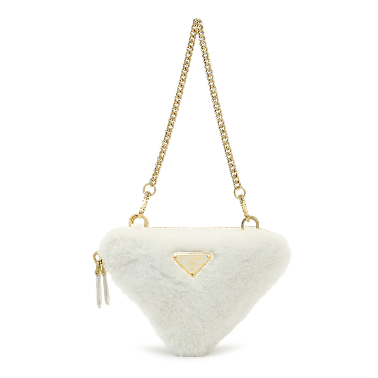 Prada White Shearling Mini Triangle Crossbody Pouch Handbags Prada