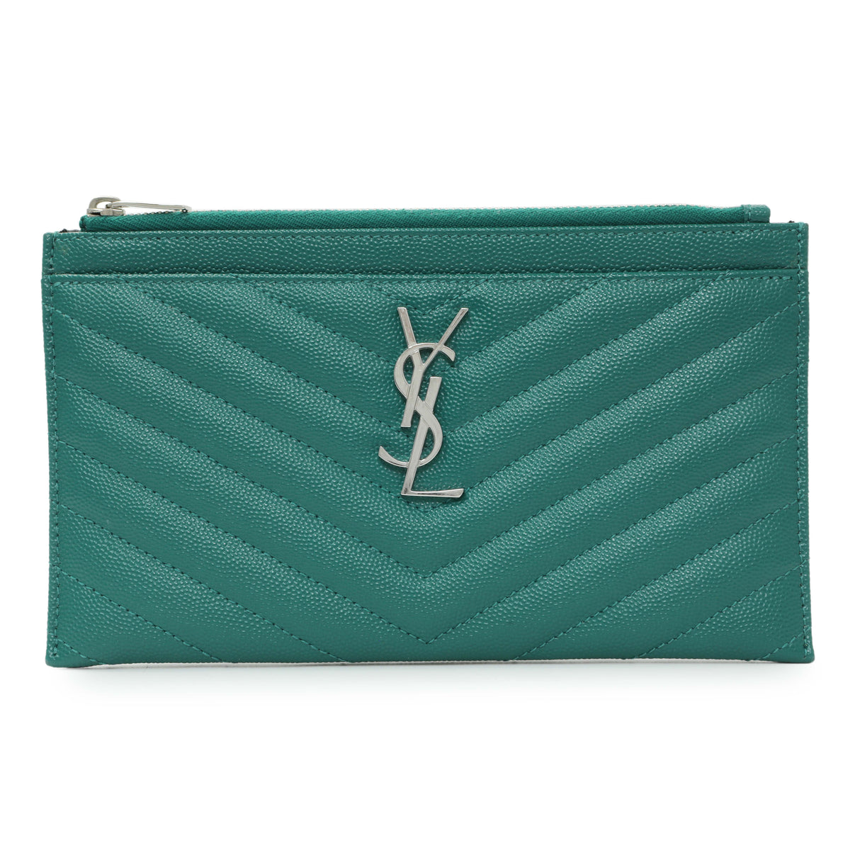 Saint Laurent Teal Grain De Poudre Chevron Monogram Bill Pouch Accessories Saint Laurent
