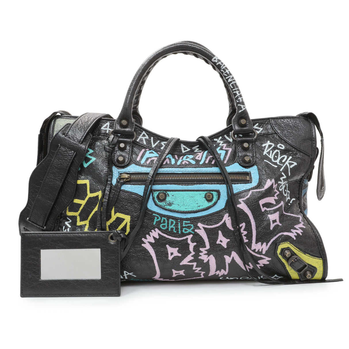 Balenciaga Black Agneau Graffiti All Over Classic Hardware City Handbags Balenciaga