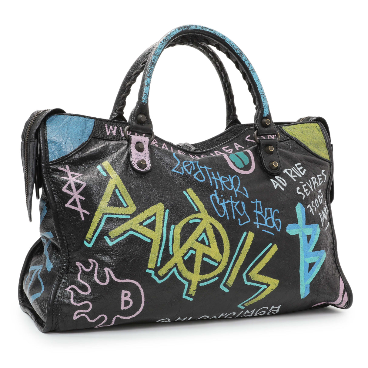 Balenciaga Black Agneau Graffiti All Over Classic Hardware City Handbags Balenciaga