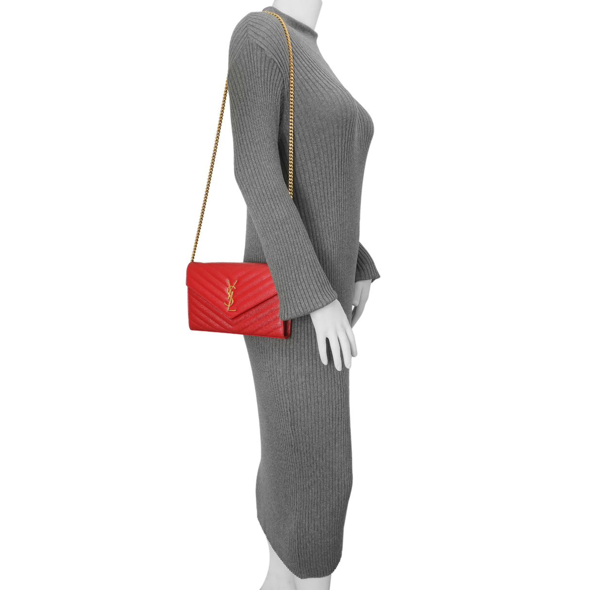 Saint Laurent Red Grain De Poudre Matelasse Chevron Monogram Chain Wallet Handbags Saint Laurent