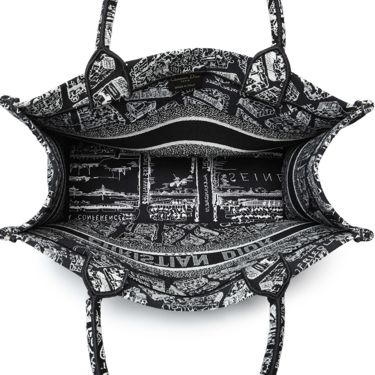 Christian Dior Black White Canvas Embroidered Plan De Paris Medium Book Tote Handbags Christian Dior