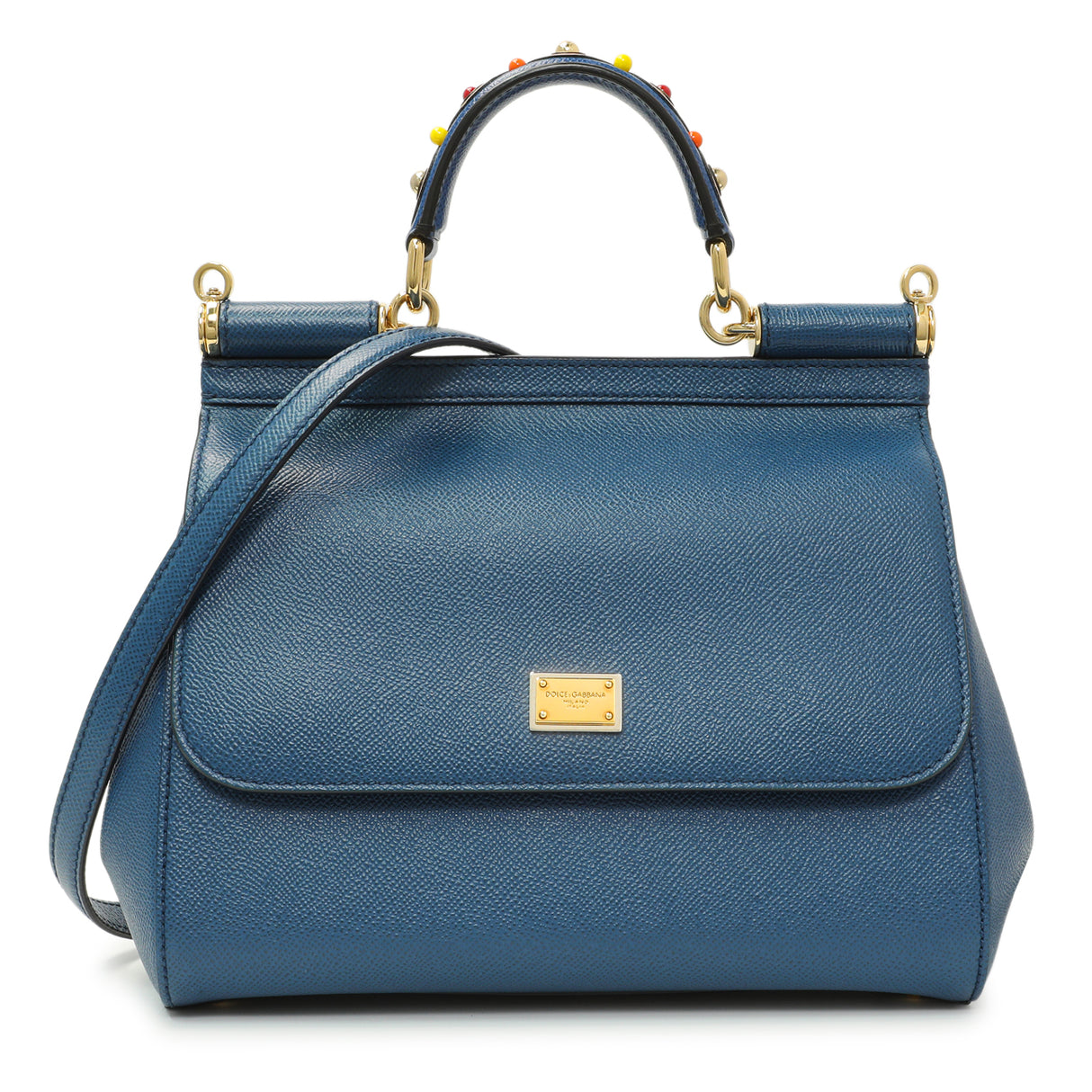 Dolce & Gabbana Blue Grained Calfskin Medium Miss Sicily Satchel Handbags Dolce & Gabbana