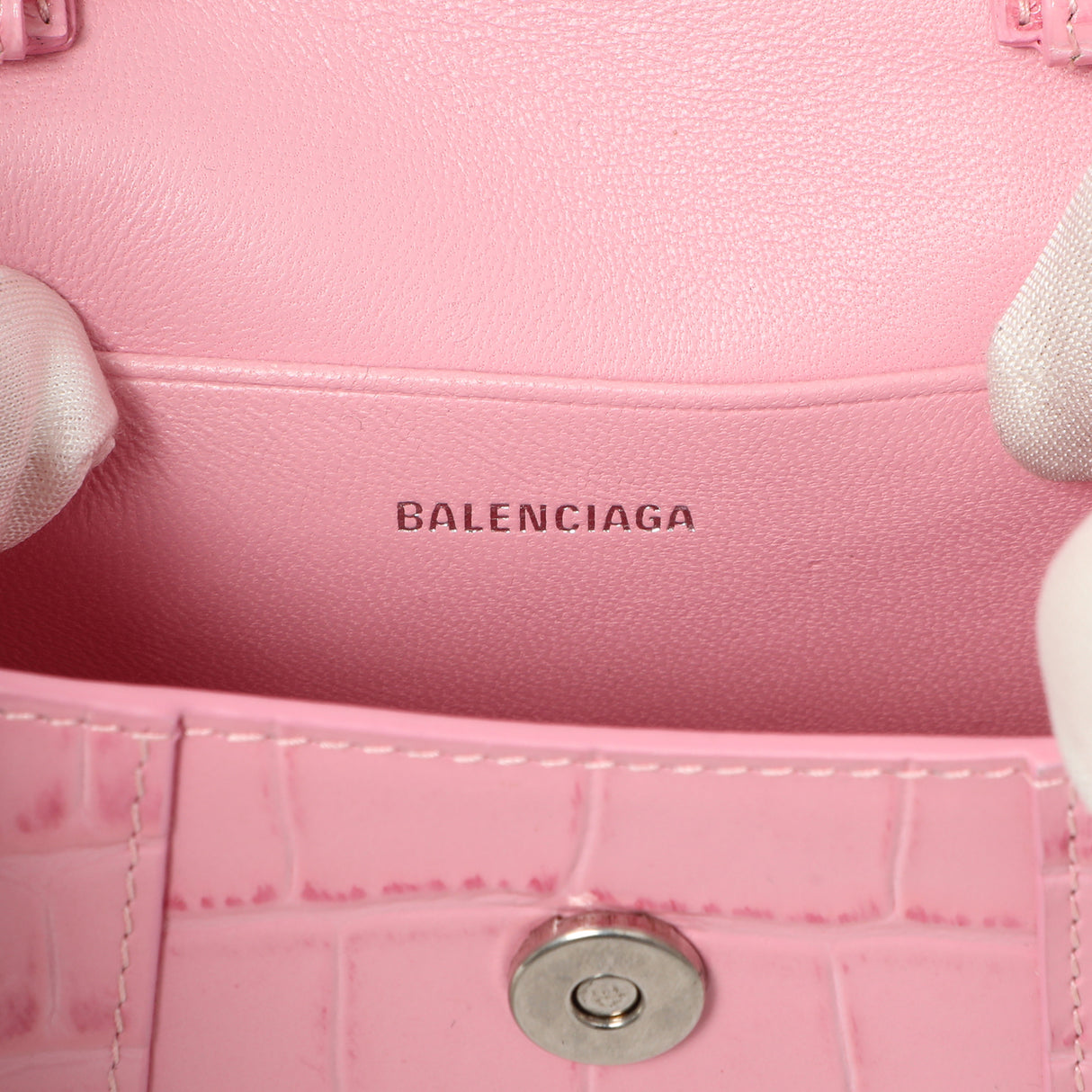 Balenciaga Pink Crocodile Embossed Shiny Calfskin Mini Hourglass Top Handle Bag Handbags Balenciaga