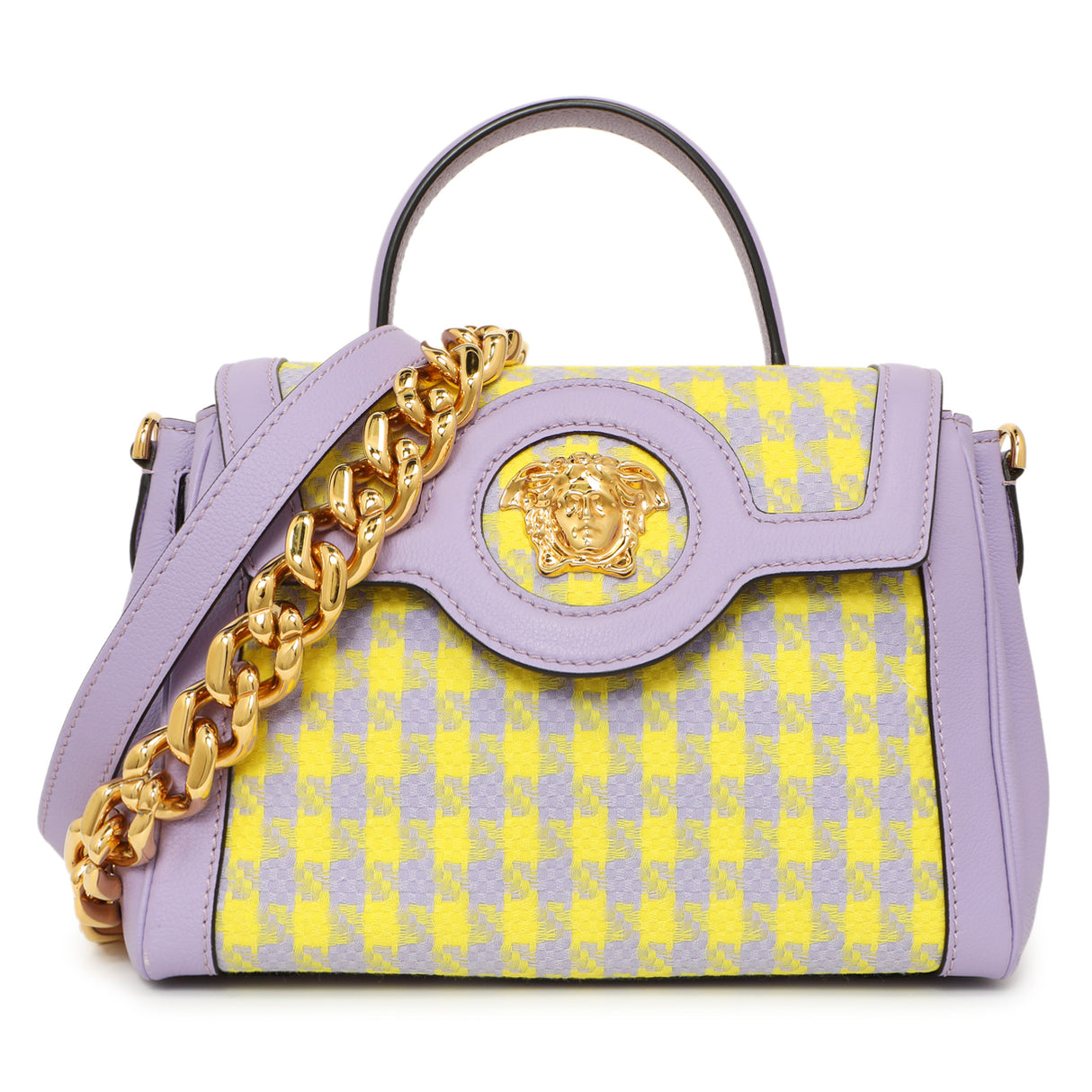 Versace Lilac Yellow Calfskin Canvas Houndstooth Medium La Medusa Top Handle Bag Handbags Versace