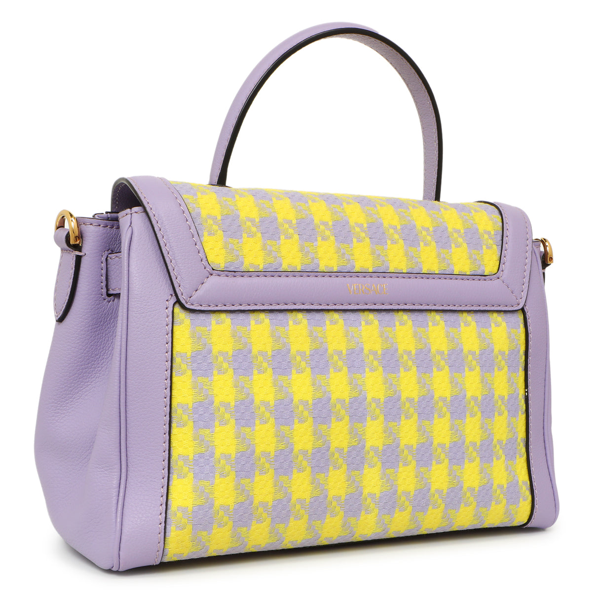 Versace Lilac Yellow Calfskin Canvas Houndstooth Medium La Medusa Top Handle Bag Handbags Versace