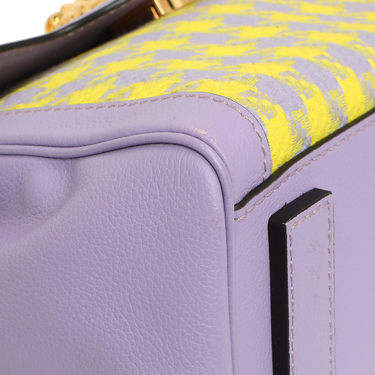 Versace Lilac Yellow Calfskin Canvas Houndstooth Medium La Medusa Top Handle Bag Handbags Versace