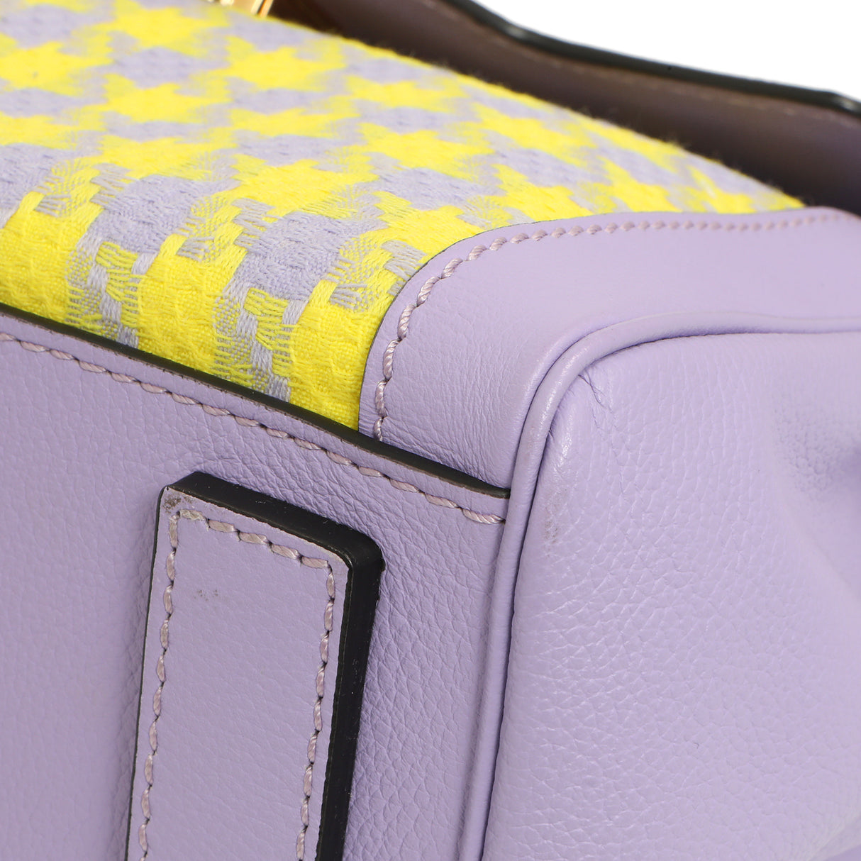 Versace Lilac Yellow Calfskin Canvas Houndstooth Medium La Medusa Top Handle Bag Handbags Versace