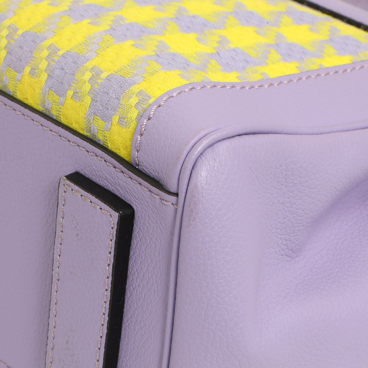 Versace Lilac Yellow Calfskin Canvas Houndstooth Medium La Medusa Top Handle Bag Handbags Versace
