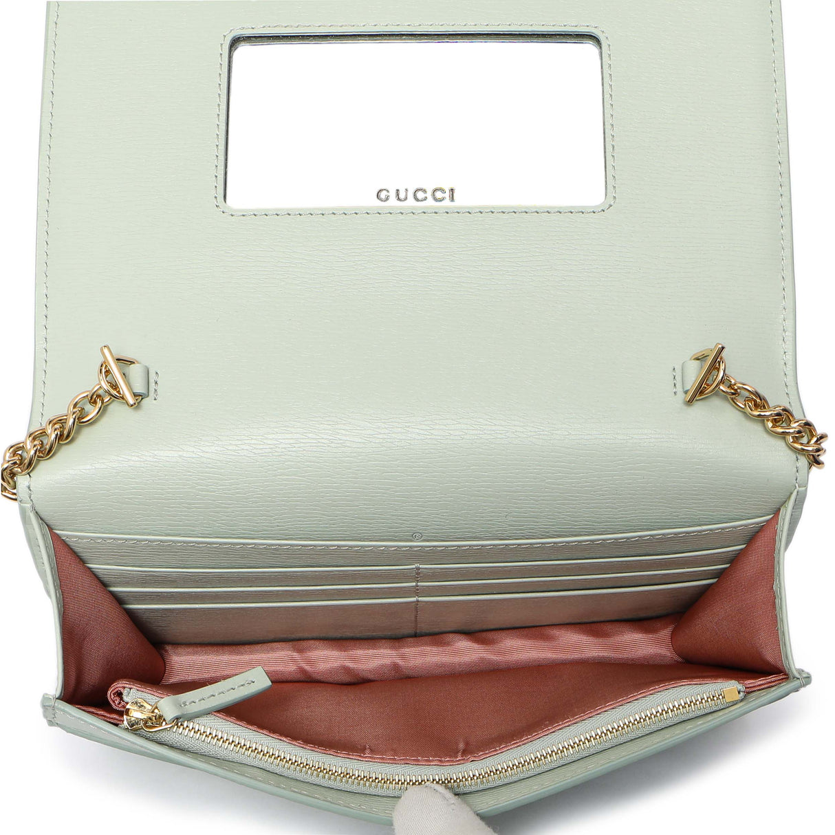 Gucci Pale Green Textured Calfskin Script Logo Chain Wallet Handbags Gucci