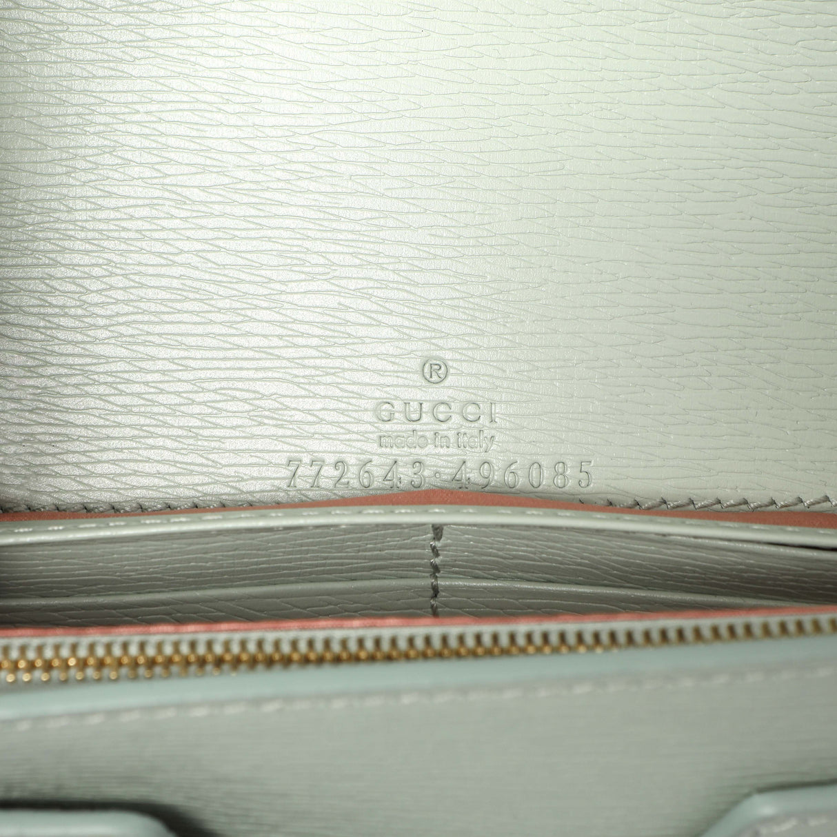 Gucci Pale Green Textured Calfskin Script Logo Chain Wallet Handbags Gucci