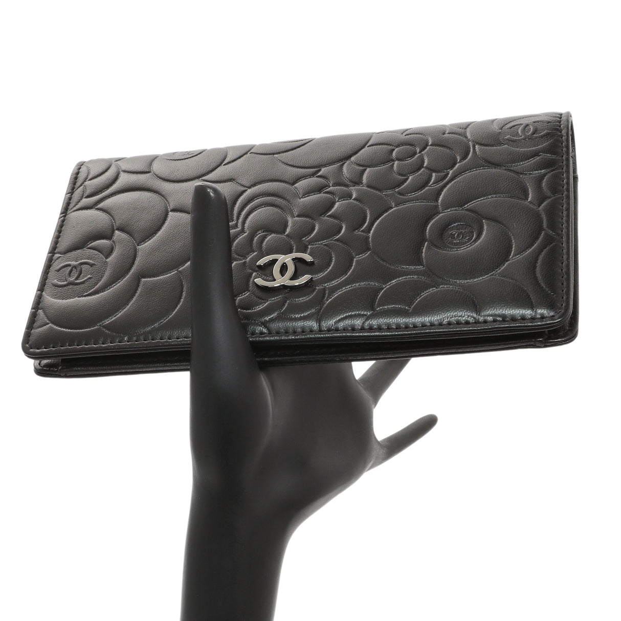 Chanel Black Lambskin Camellia Embossed Yen Wallet Accessories Chanel