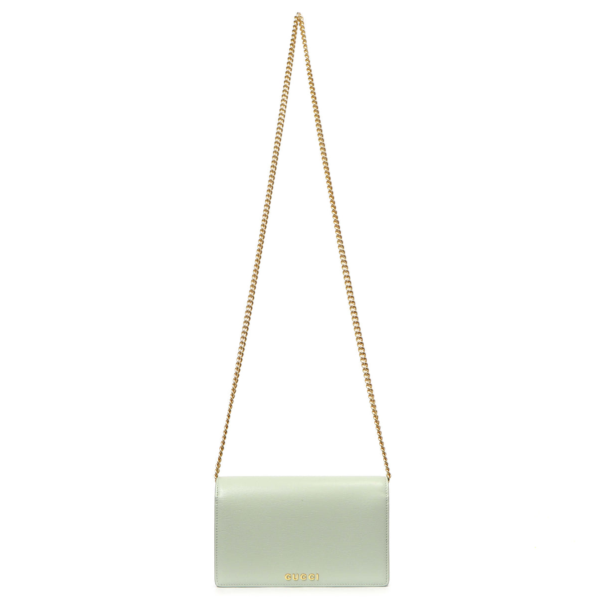Gucci Pale Green Textured Calfskin Script Logo Chain Wallet Handbags Gucci