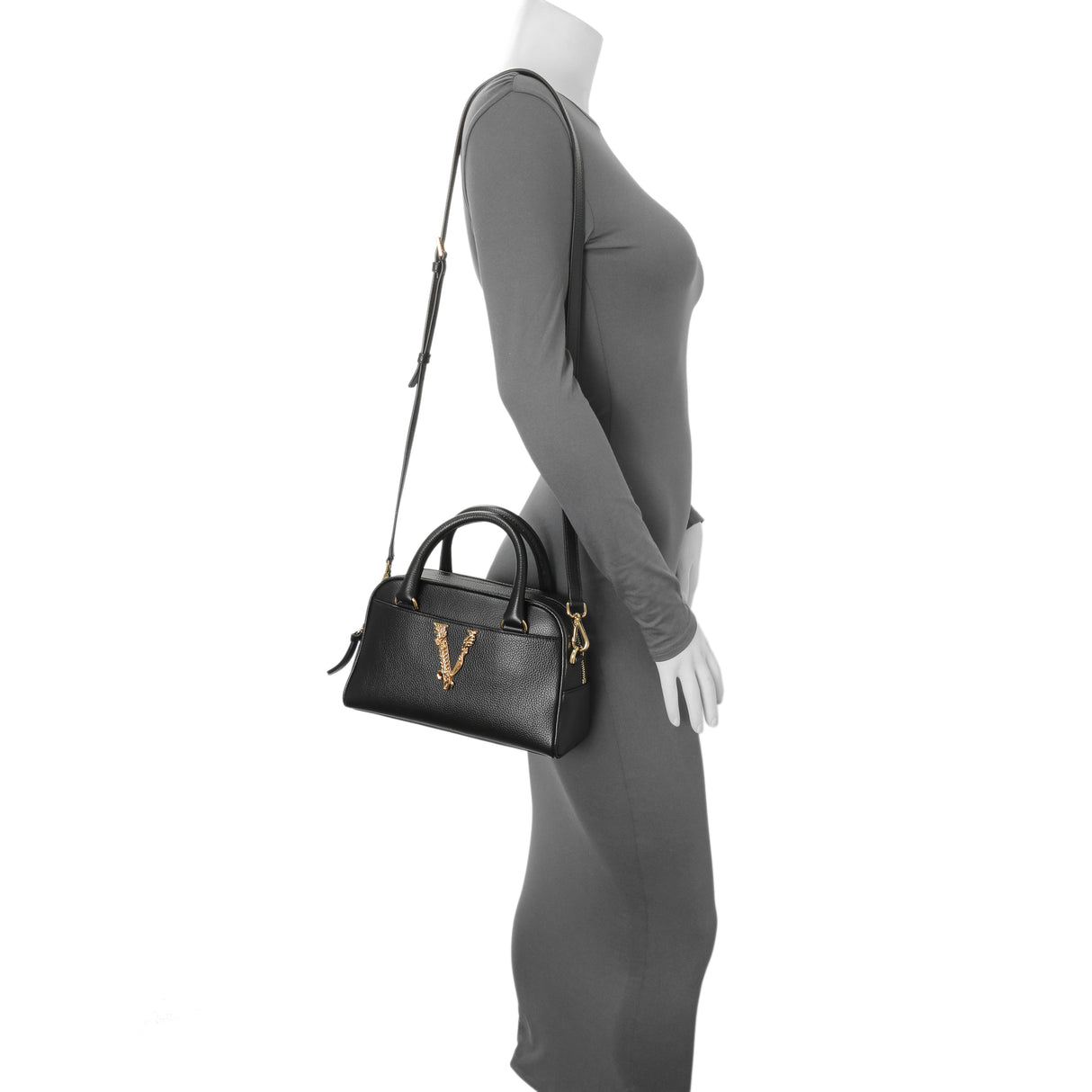 Versace Black Grained Calfskin Virtus Small Bowling Bag Handbags Versace