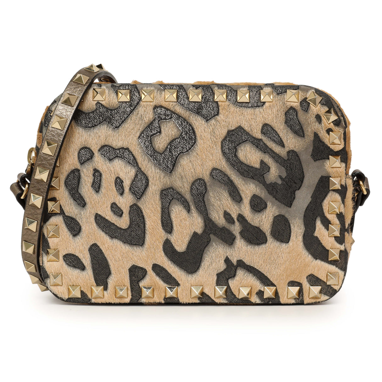 Valentino Calf Hair Leopard Rockstud Camera Crossbody Handbags Valentino