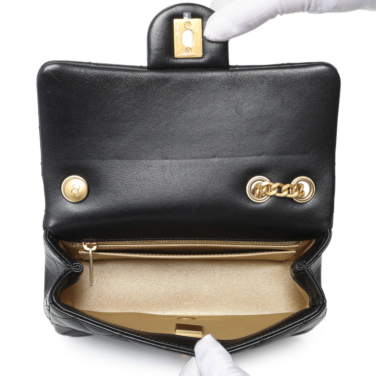 Chanel Black Mini Rectangular Flap Bag with Camellia Adjusting Chain Handbags Chanel