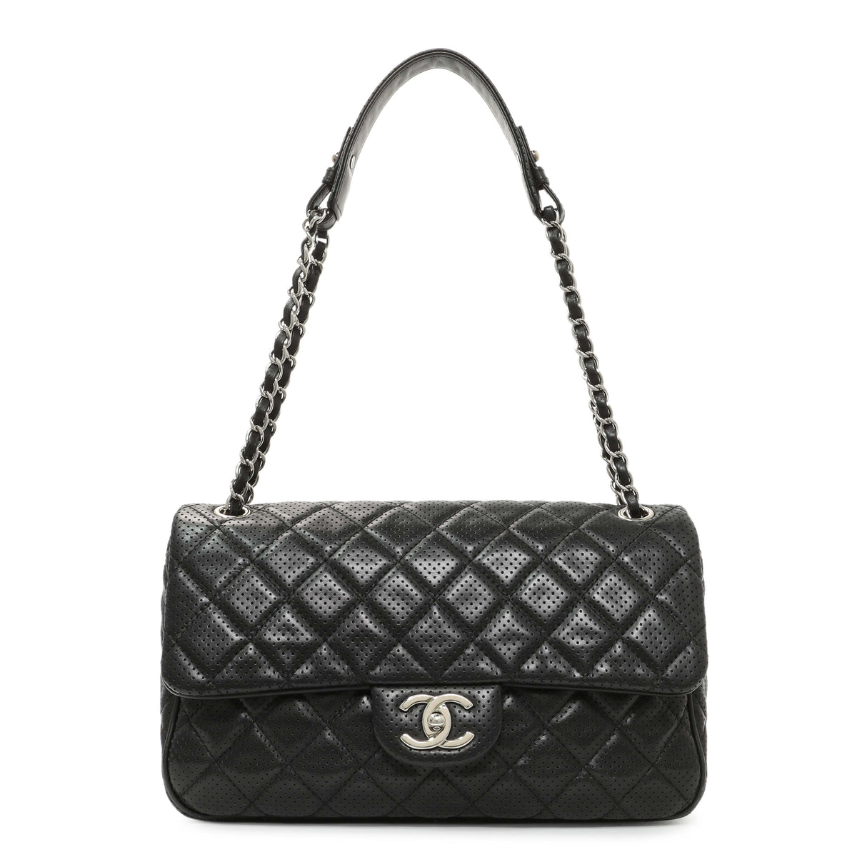 Chanel Black Perforated Lambskin Punch Flap Handbags Chanel