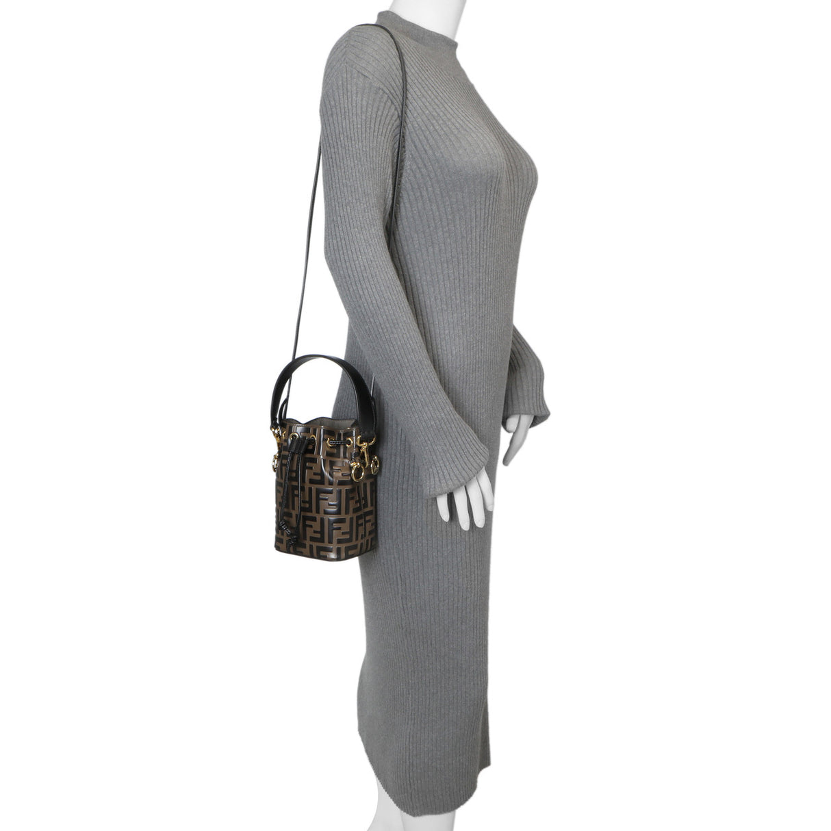 Fendi Brown Calfskin Zucca Embossed Mini Mon Tresor Bucket Bag Handbags Fendi