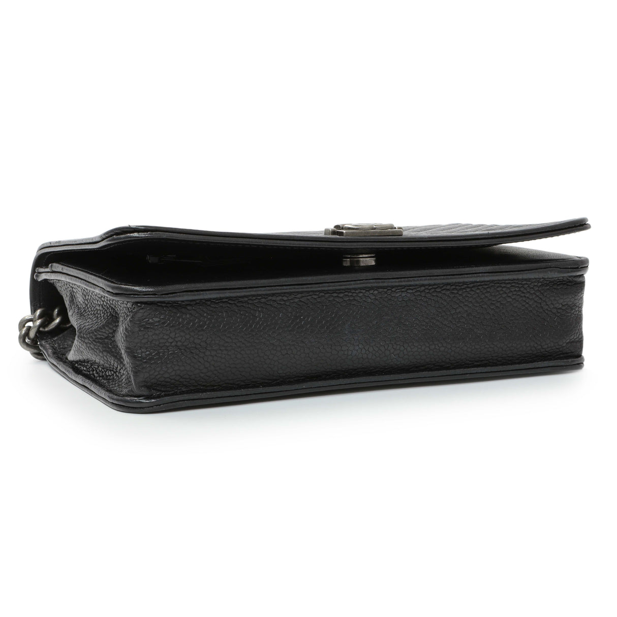 Chanel Black Grained Calfskin Chevron Quilted Boy Wallet On Chain Handbags Chanel