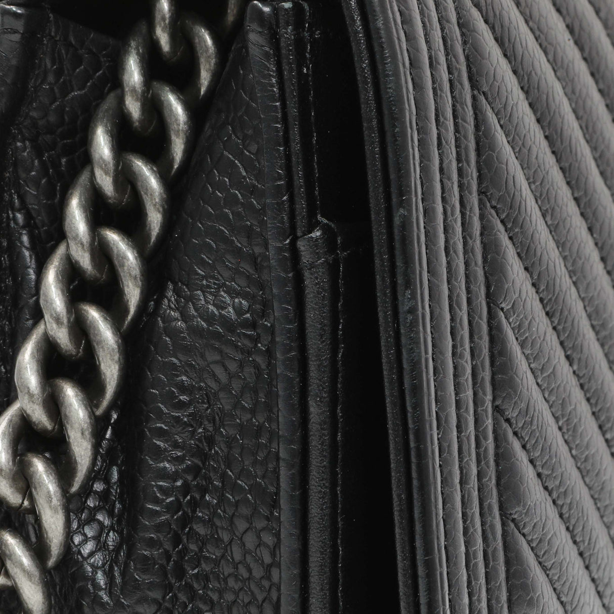 Chanel Black Grained Calfskin Chevron Quilted Boy Wallet On Chain Handbags Chanel