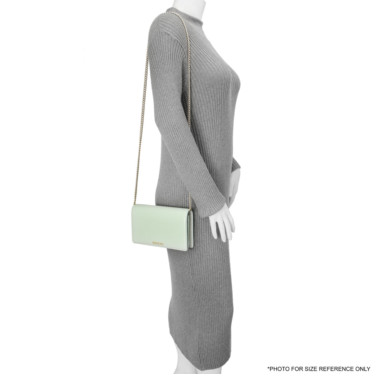 Gucci Pale Green Textured Calfskin Script Logo Chain Wallet Handbags Gucci