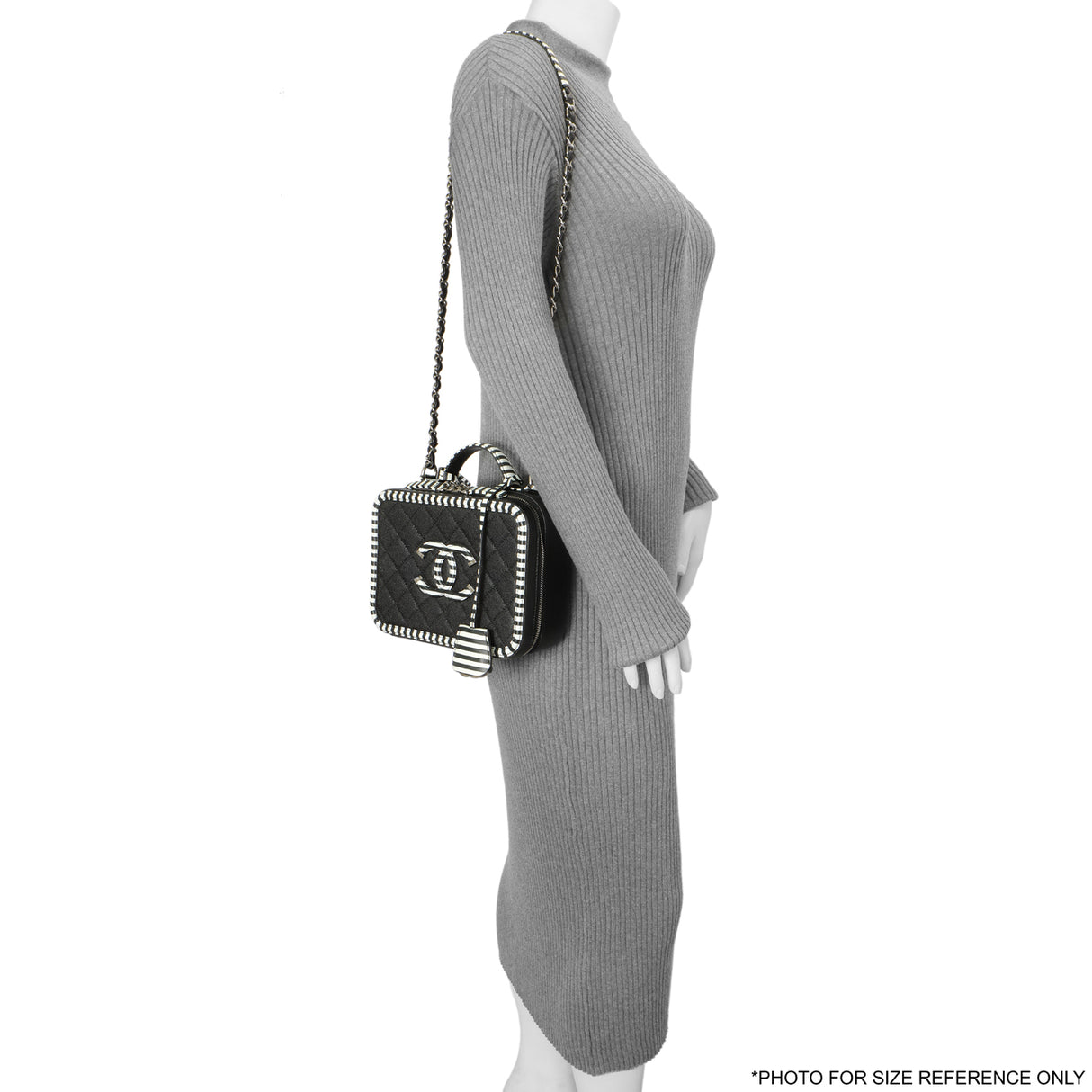 Chanel Black Quilted Caviar Striped Medium CC Filigree Vanity Case Handbags Chanel