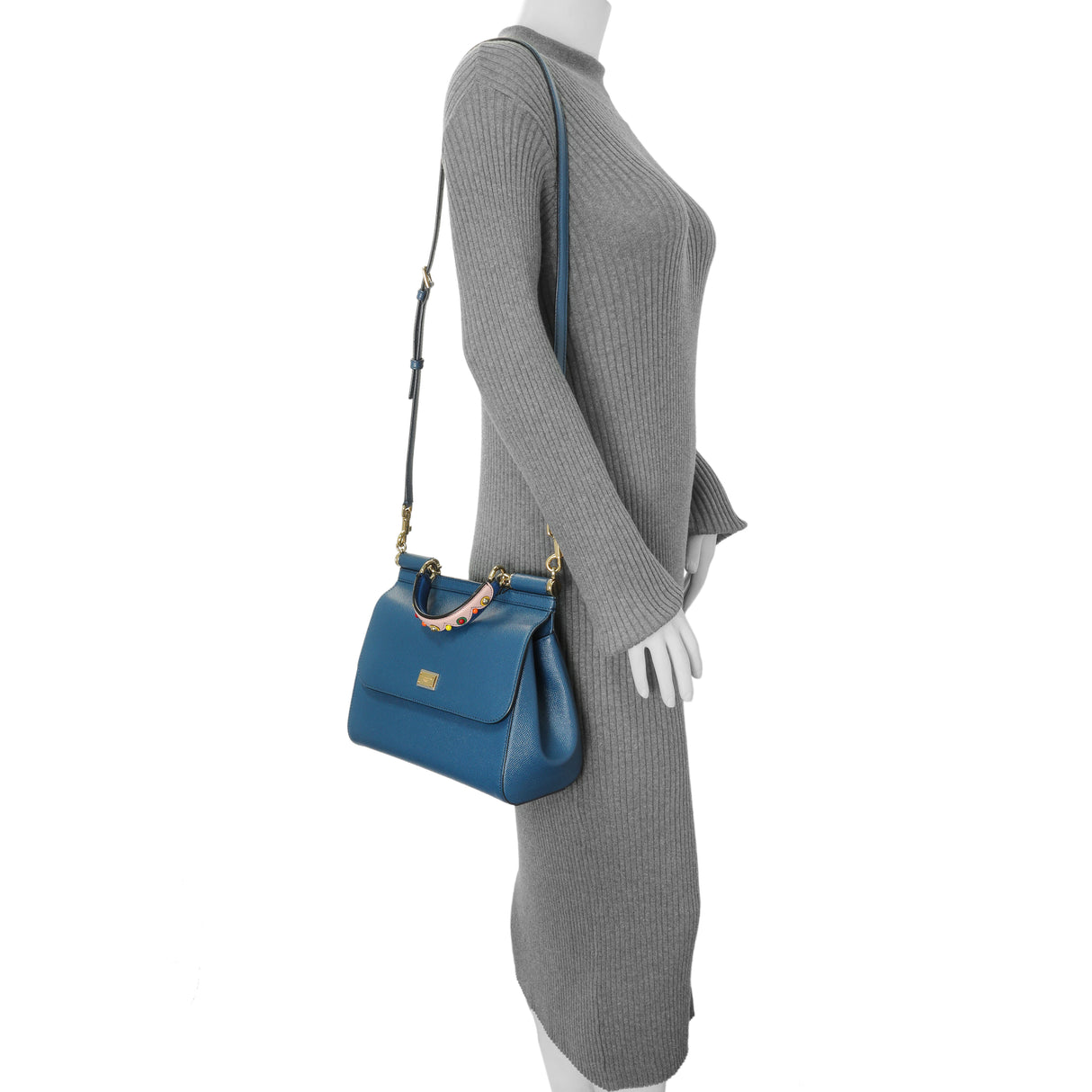Dolce & Gabbana Blue Grained Calfskin Medium Miss Sicily Satchel Handbags Dolce & Gabbana