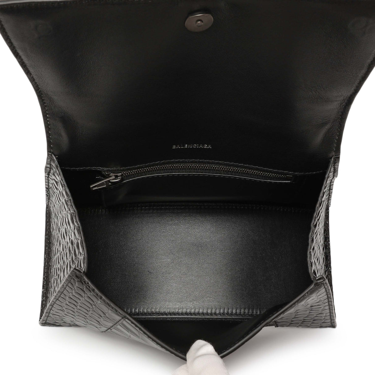Balenciaga Black Monochrome Crocodile Embossed Calfskin Small Hourglass Top Handle Bag Handbags Balenciaga