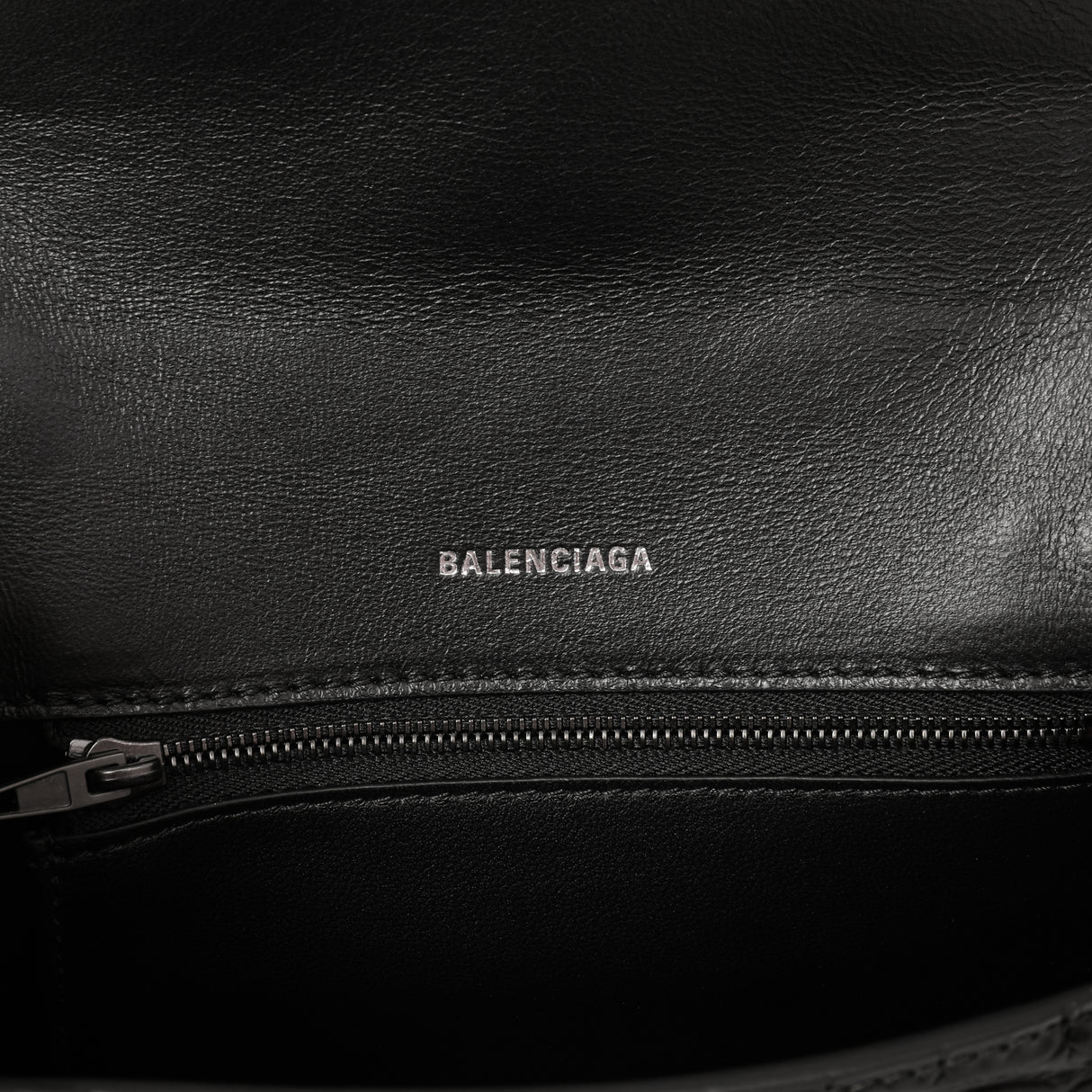 Balenciaga Black Monochrome Crocodile Embossed Calfskin Small Hourglass Top Handle Bag Handbags Balenciaga