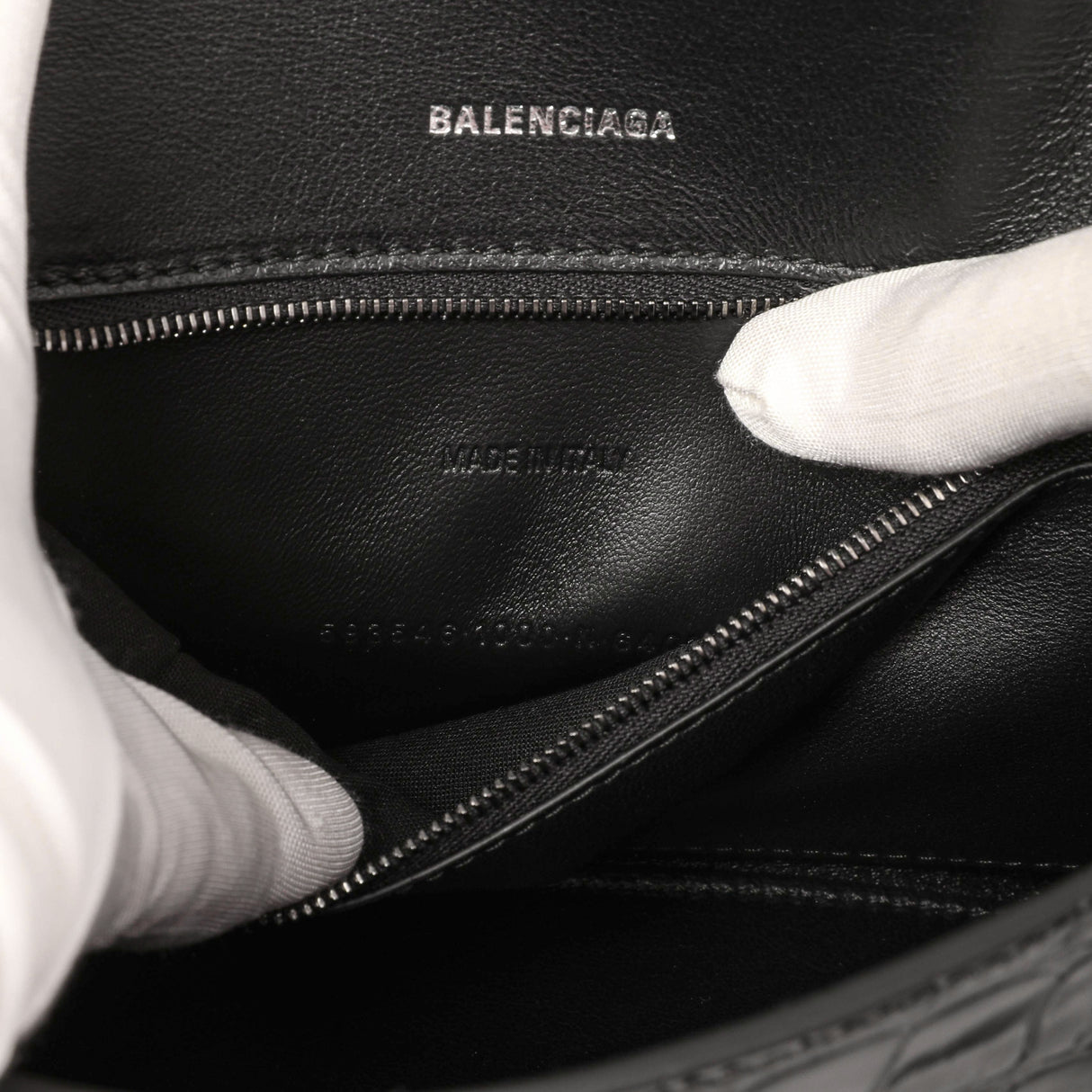 Balenciaga Black Monochrome Crocodile Embossed Calfskin Small Hourglass Top Handle Bag Handbags Balenciaga