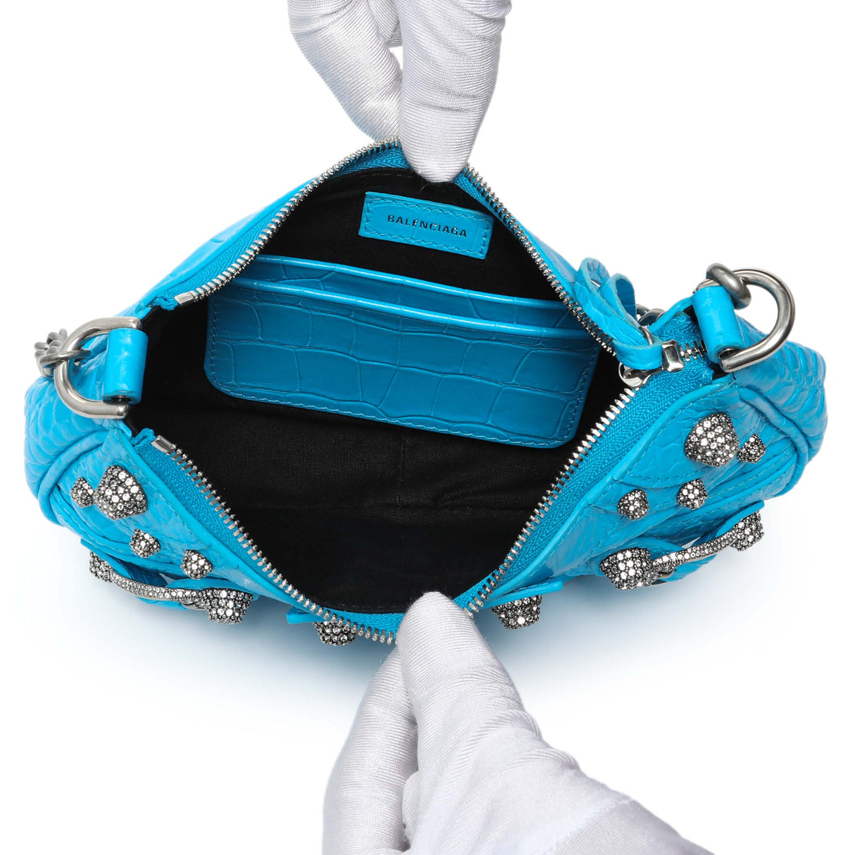 Balenciaga Blue Crocodile Embossed Calfskin Crystal Le Cagole Mini Purse With Chain Handbags Balenciaga