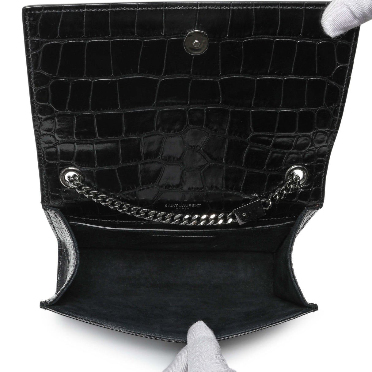 Saint Laurent Calfskin Crocodile Embossed Small Classic Monogram Kate Satchel Handbags Saint Laurent