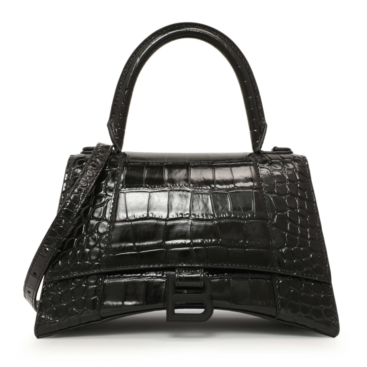 Balenciaga Black Monochrome Crocodile Embossed Calfskin Small Hourglass Top Handle Bag Handbags Balenciaga